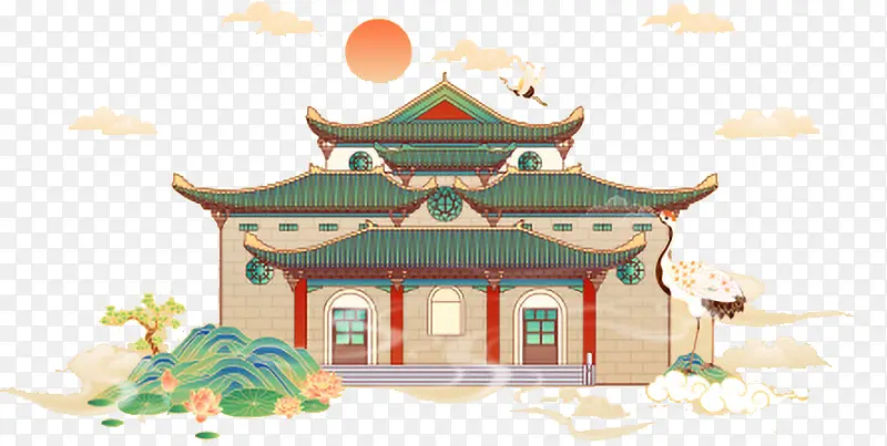 中国风礼堂建筑插画