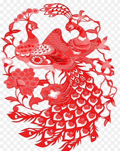 中国农历新年红凤凰剪纸元素