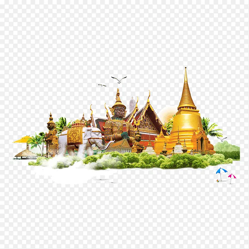 泰国 城堡  绿草 佛像 金色