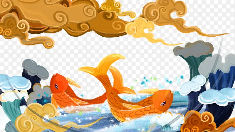国潮元素祥云鲤鱼浪花