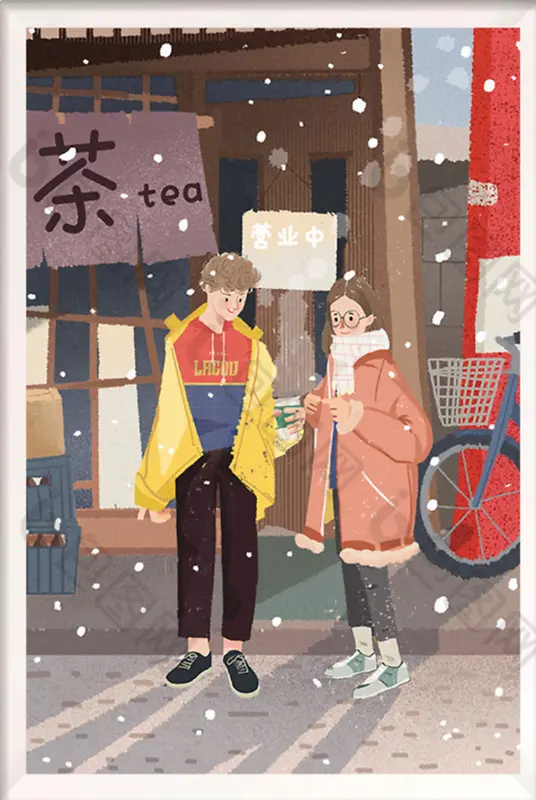 下雪情侣在路旁喝奶茶