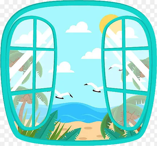 蓝色夏日窗外海浪沙滩椰子树