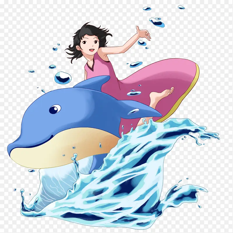 手绘夏季戏水玩水鲸鱼女孩插画