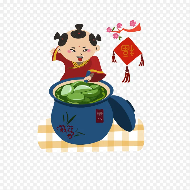 中国风喜庆节日小朋友与一缸腊八蒜