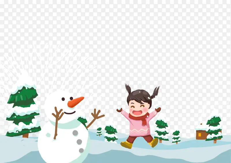 原创插画小女孩开心冬天堆雪人