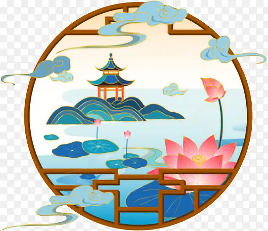 中国古典风窗户与江南荷塘