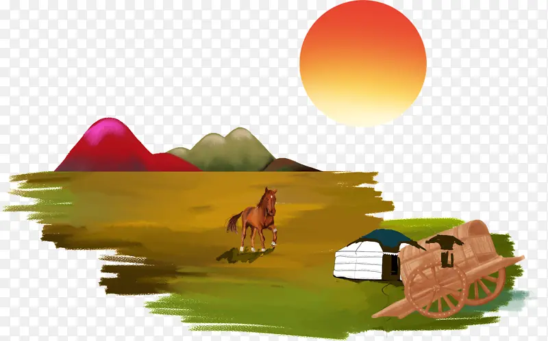 夕阳下的马和蒙古包