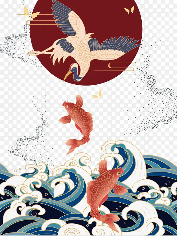 国潮，仙鹤，金鱼，海浪国潮