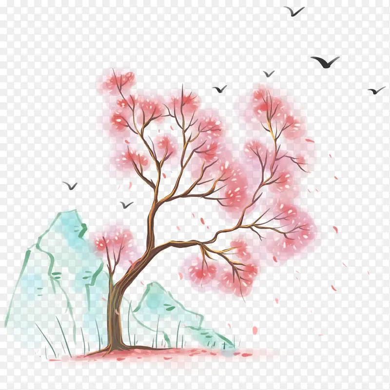 中国风樱花和假山元素