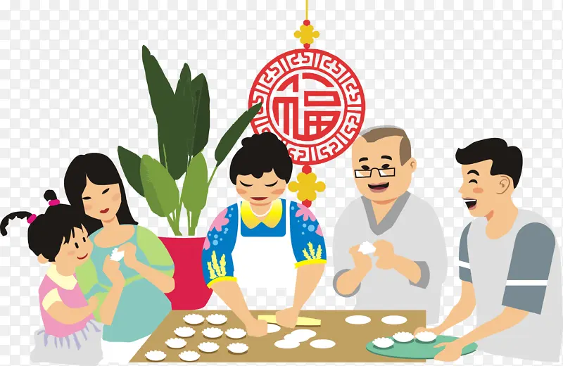 春节包饺子矢量图