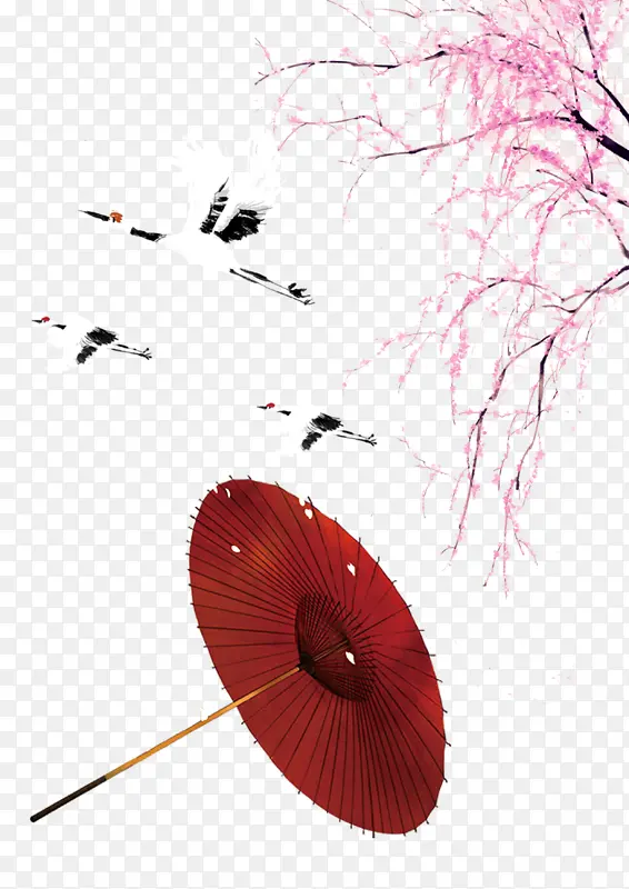 桃花油纸伞仙鹤