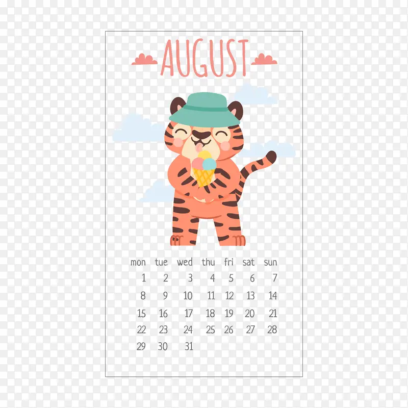 2022虎年卡通可爱手绘老虎日历8月