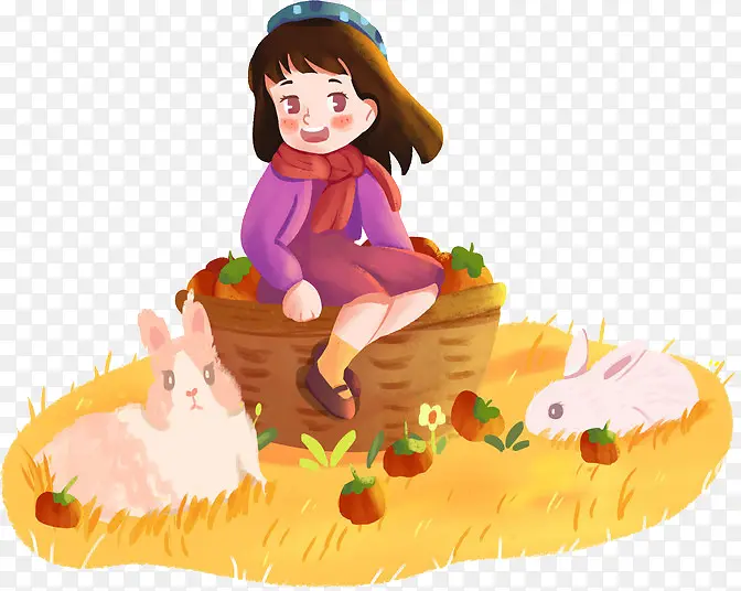 吃柿子女孩和兔子