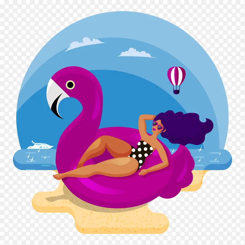 沙滩年轻美女躺在火烈鸟游泳圈上