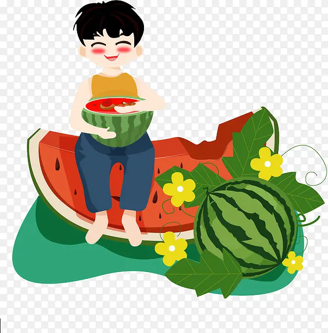 原创夏天小男孩坐在西瓜上吃西瓜