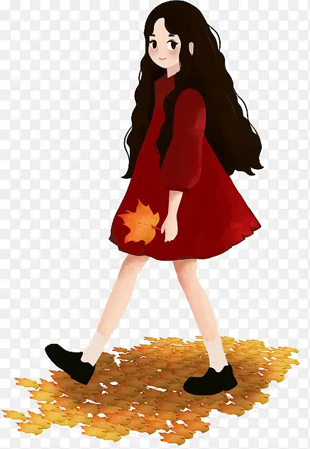 手绘秋天树叶女孩人物