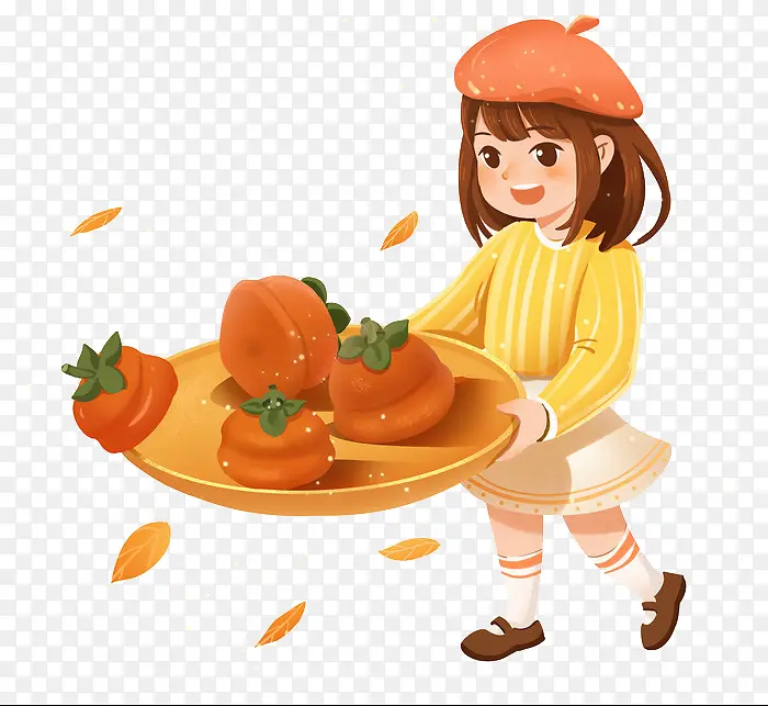 秋天节女孩摘柿子