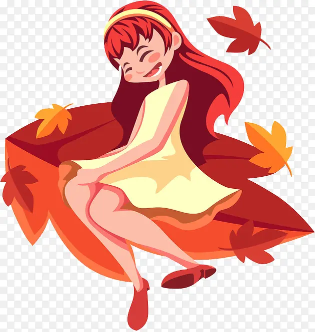 秋天骑在枫叶上的小女孩