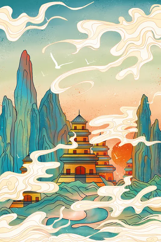中国风，古建筑，塔楼，插画，国潮