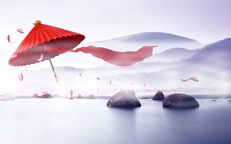 中国风仙境飘带伞花瓣背景