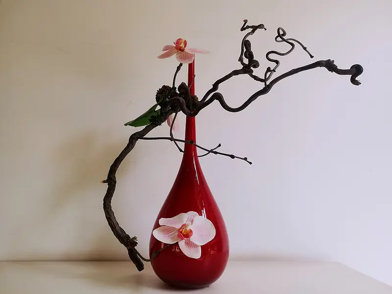 红色的花瓶插花