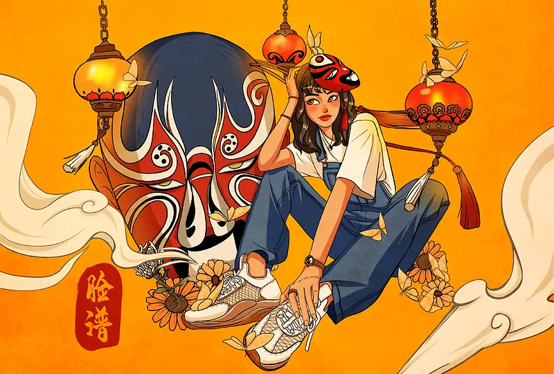 国潮女孩与京剧脸谱插画背景