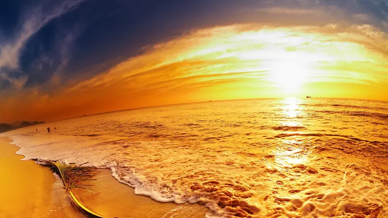 金色日落，海浪，沙滩，休闲，惬意的海边