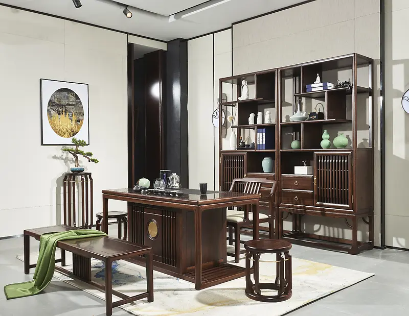 新中式茶桌茶椅长凳花架圆凳装饰柜场景图