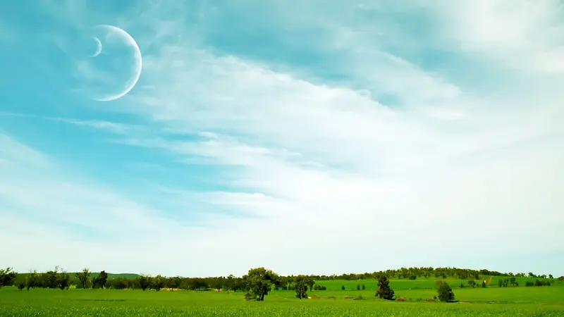 草地，蓝天，白云，月亮