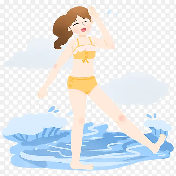 手绘夏日海滩旅游戏水女孩插画