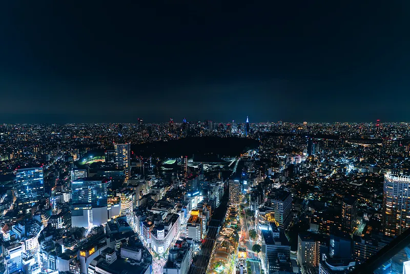 夜晚从建筑物顶部俯瞰城市的景色