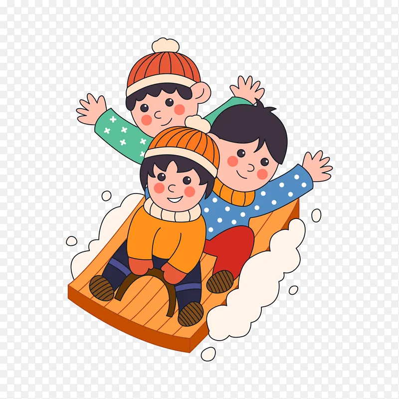 卡通线描玩滑雪的孩子们