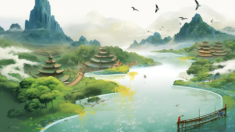 国潮淡雅古风中国风春季山水风景插画背景