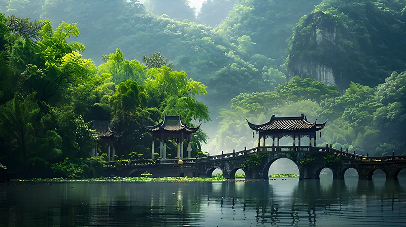 中国风山水植物建筑凉亭风景