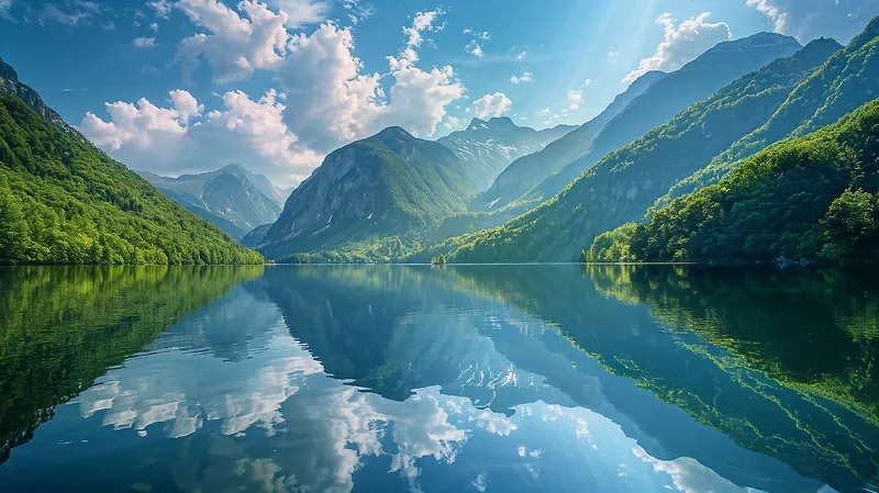 水面倒影青山绿色蓝天白云风景场景