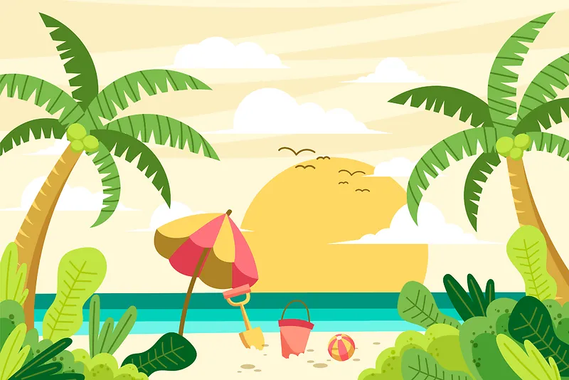 明媚夏日海滩度假插画
