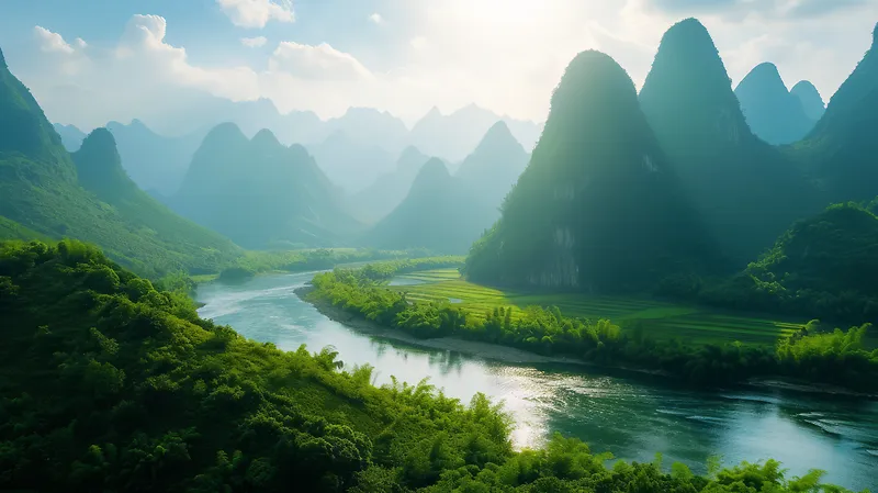 高山流水草地天空背景