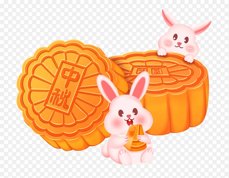 手绘创意卡通兔子月饼海报插画装饰元素