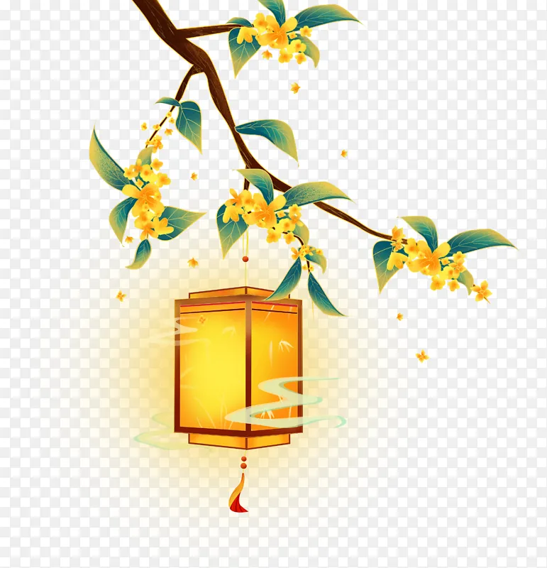 手绘中秋国潮风祥云桂花树枝和猜灯谜灯笼