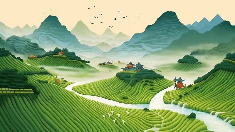 清明节国潮古风中国风春季山水风景插画背景