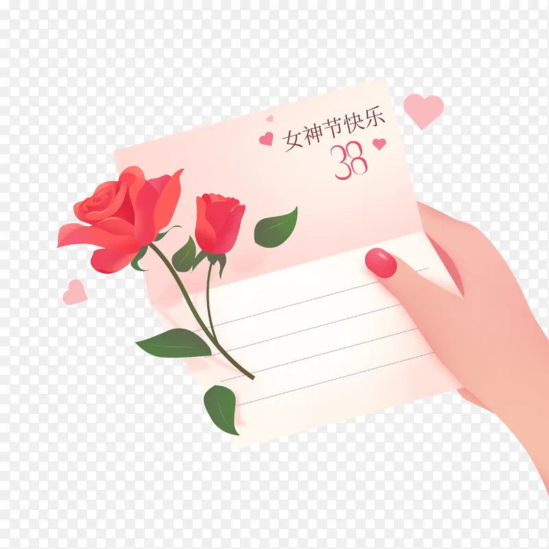 粉色创意38妇女节手拿明信片手绘插画素材