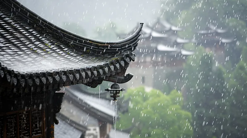 下雨天的中式建筑