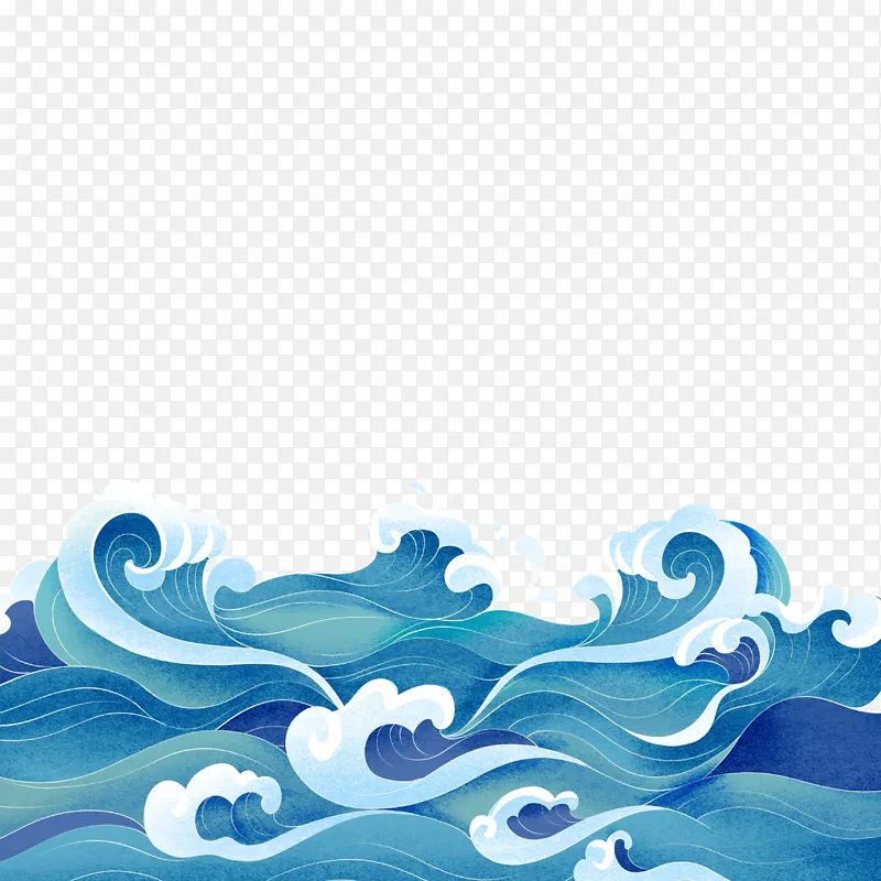 手绘国潮海浪 国潮插画大海