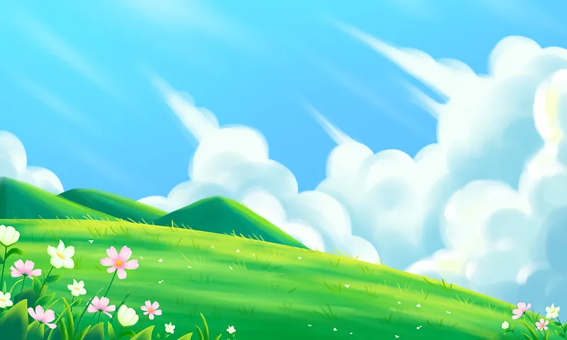 手绘梦幻天空云朵绿色小清新春天海报背景