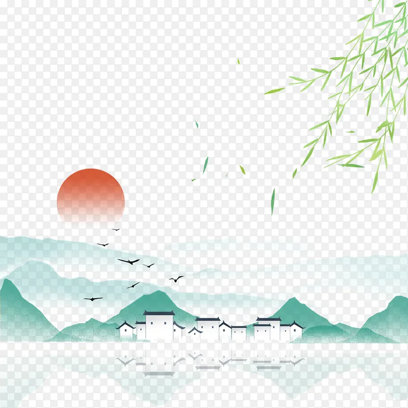 淡雅中国风复古山水人家古建筑风景手绘插画