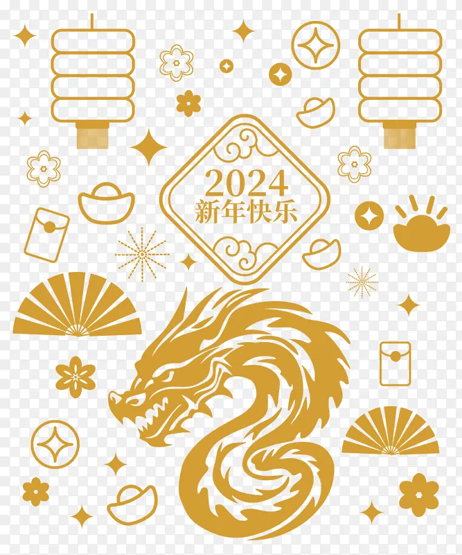 2024龙年新年春节中国风线描矢量图