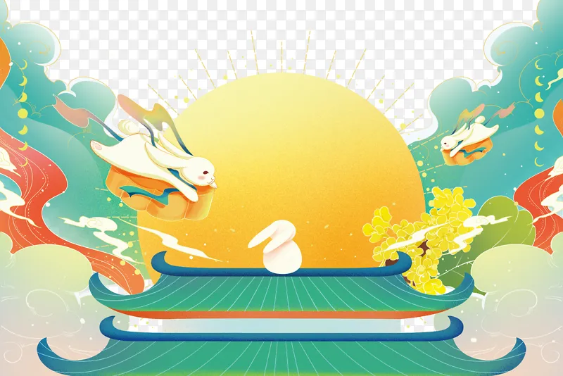 绿色清新国潮中秋插画