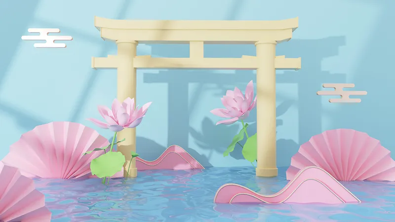 处暑夏天粉蓝色荷花池中国风海报背景