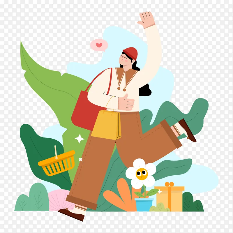绿色小清新春天扁平插画女孩购物元素