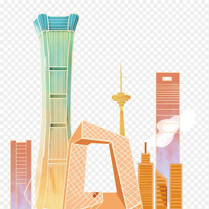 彩绘卡通城市建筑物地标高楼大厦